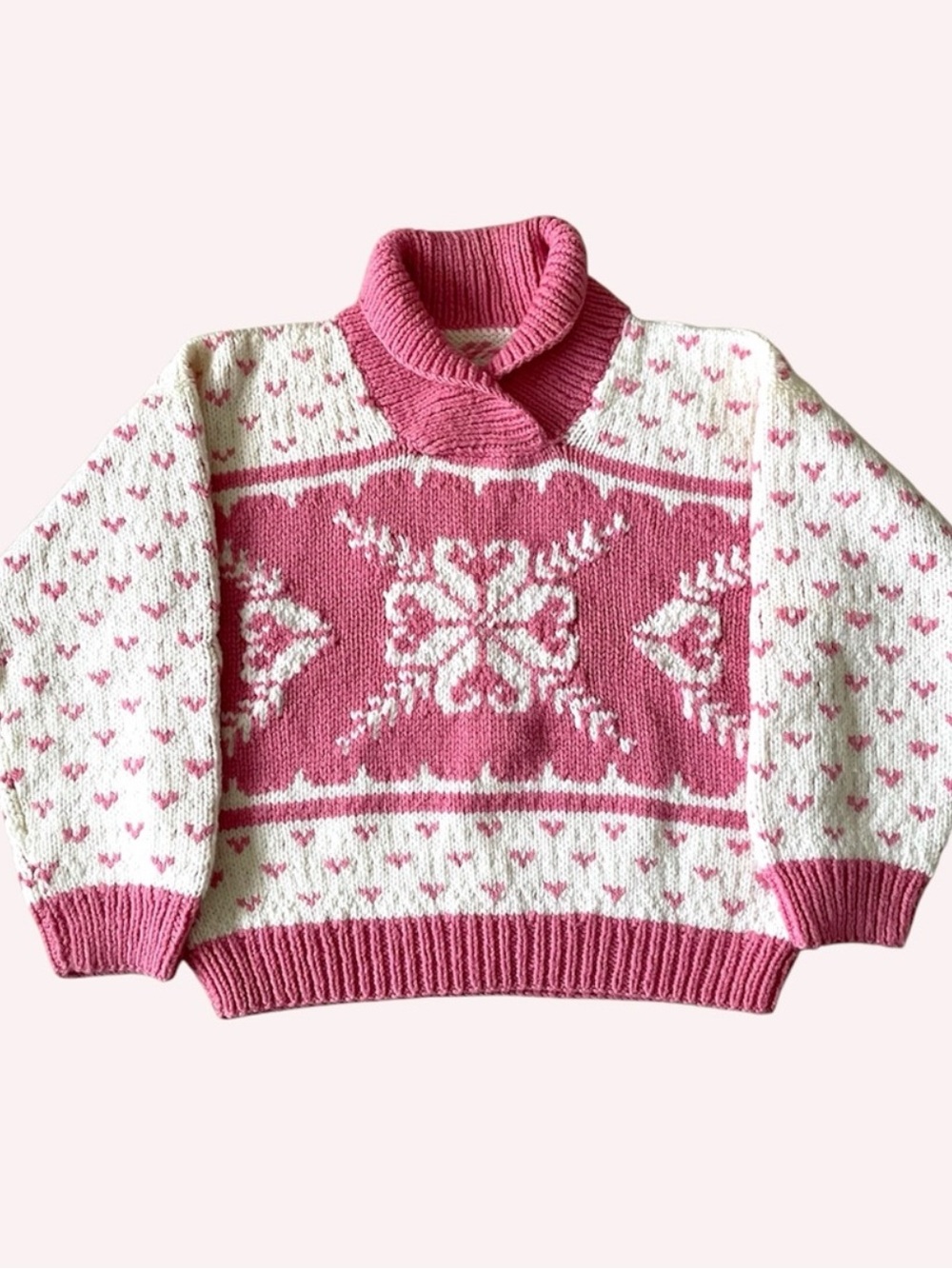 Hand Knit Pink Cream Sweater Heart Motifs Fair Isle Shawl Collar Cottagecore